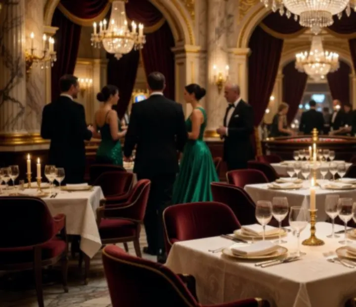 Ambiance nocturne cinématographique d'un restaurant de luxe au sein d'un casino en France