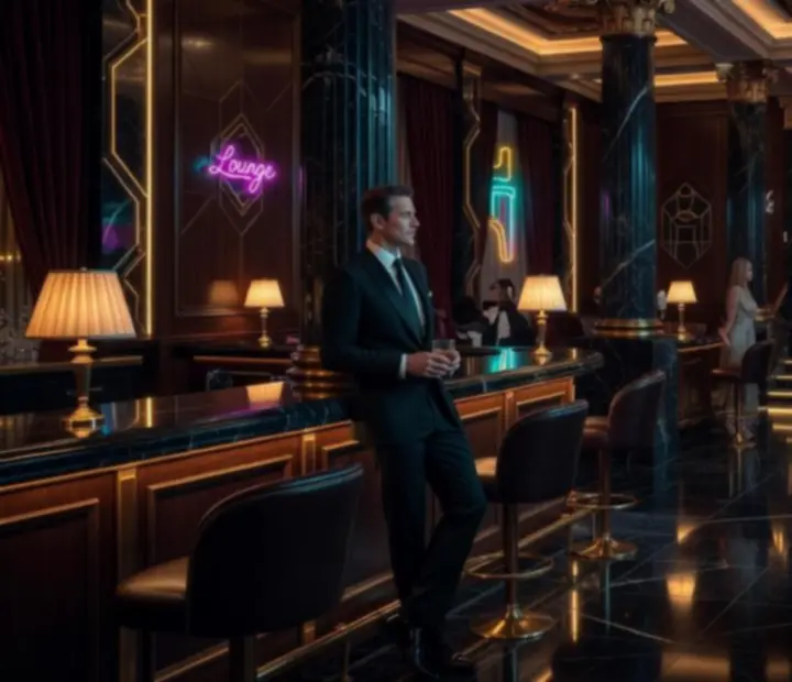 Ambiance feutrée d'un espace restaurant dans un casino chic en France, lumières ambrées et touches néon élégantes.