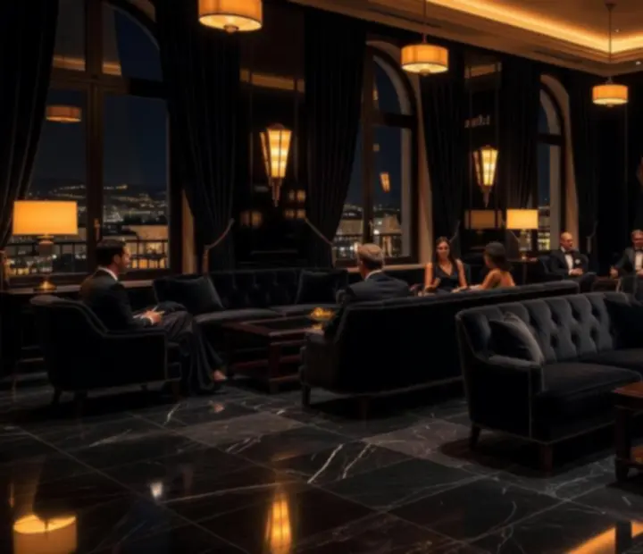 Ambiance VIP feutrée avec lumières raffinées à l’intérieur du casino
