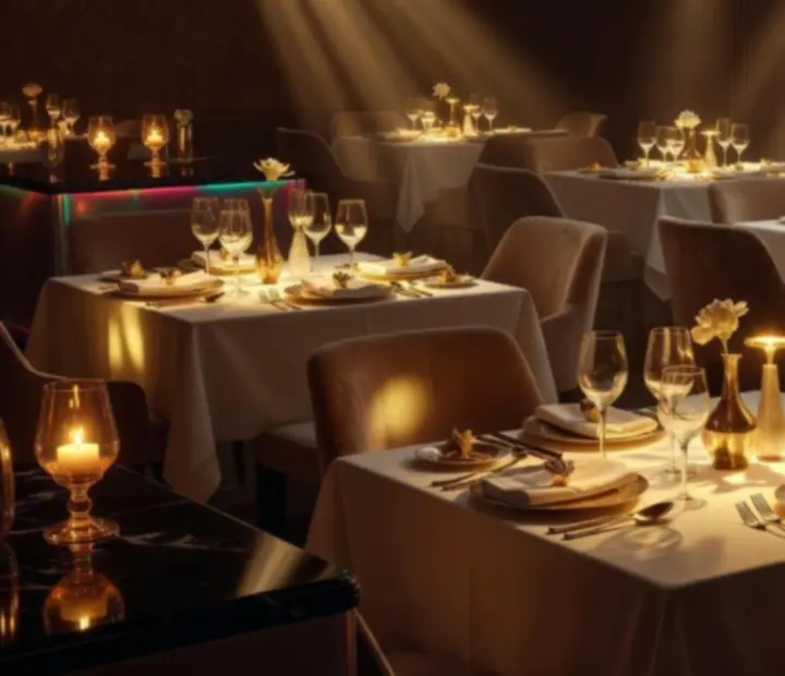 Jeu de lumières ambrées, néon et chandelles dans un restaurant de luxe