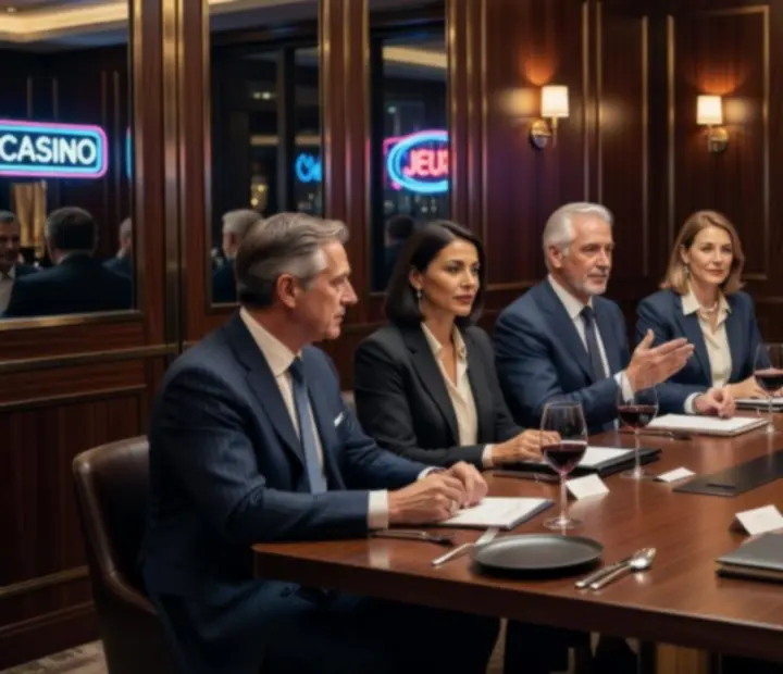 Réunion d'entreprise dans un salon de restaurant de casino au décor luxueux.