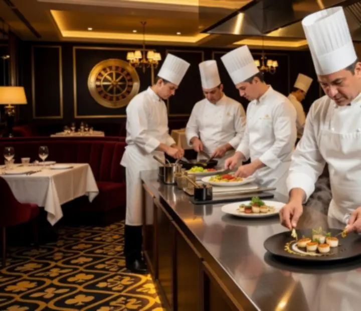 Cuisine ouverte avec le chef et sa brigade en pleine préparation