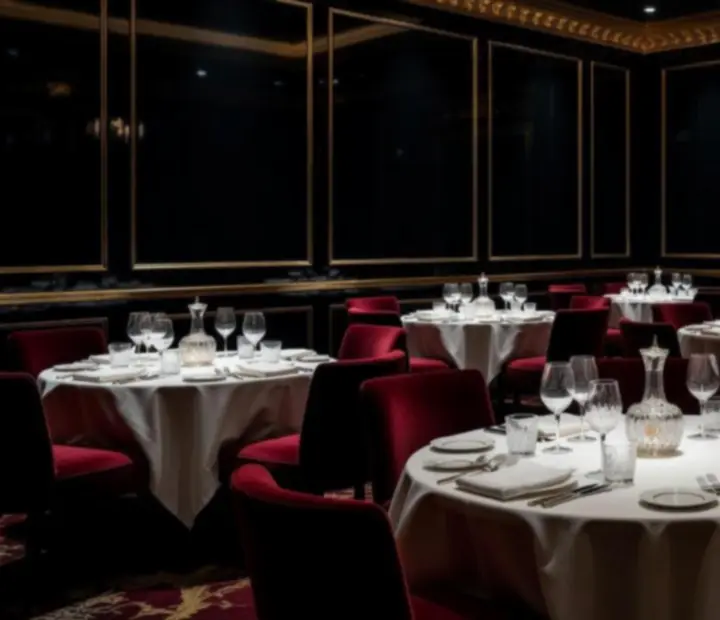 Salle de restaurant de luxe aux hauts plafonds et tables nappées