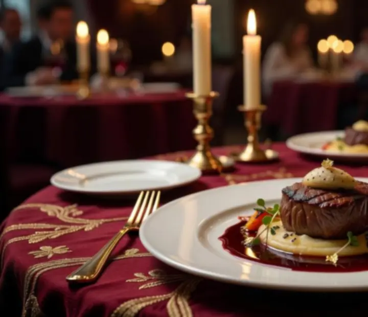Plats gastronomiques artistiquement dressés dans un restaurant de luxe attenant à un casino, éclairage feutré et reflets dorés.