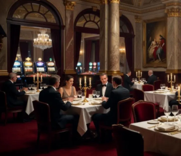 Salle de restaurant gastronomique de luxe attenante à un casino en France, lumière tamisée et ambiance nocturne.