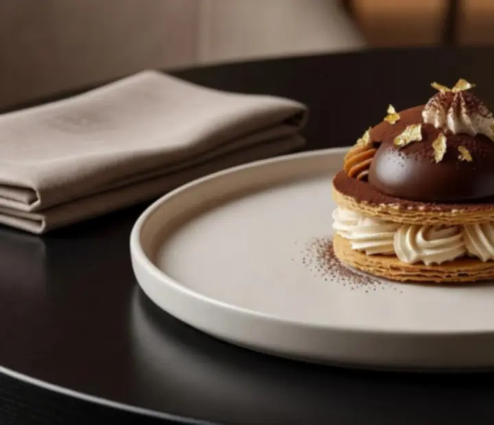 Dessert gastronomique graphique, pâtisserie signature