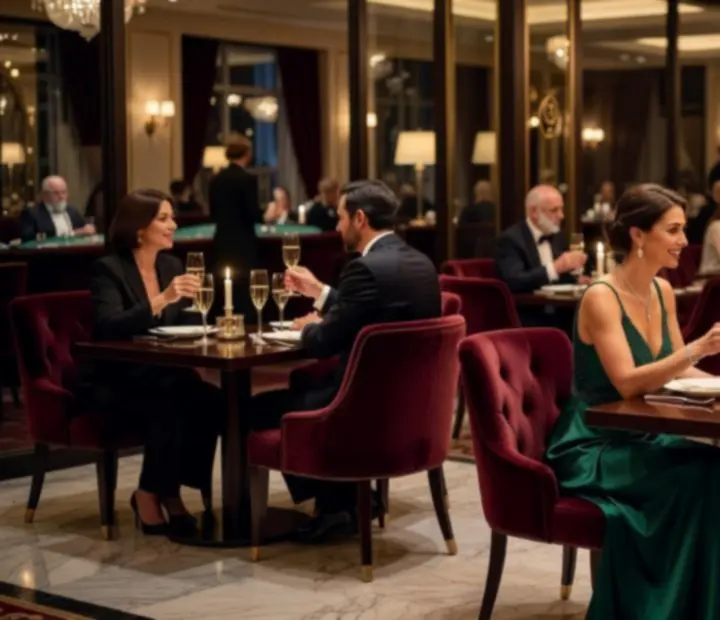 Soirée élégante dans un restaurant de luxe attenant à un casino, lumière dorée et jazz feutré